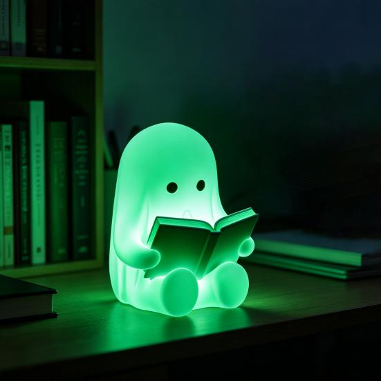 Ghost Reading Book Figurine, 3D Printed Cute Mini Sitting Ghost Statue for Halloween Bookshelf, Desk, Indoor Home Decor