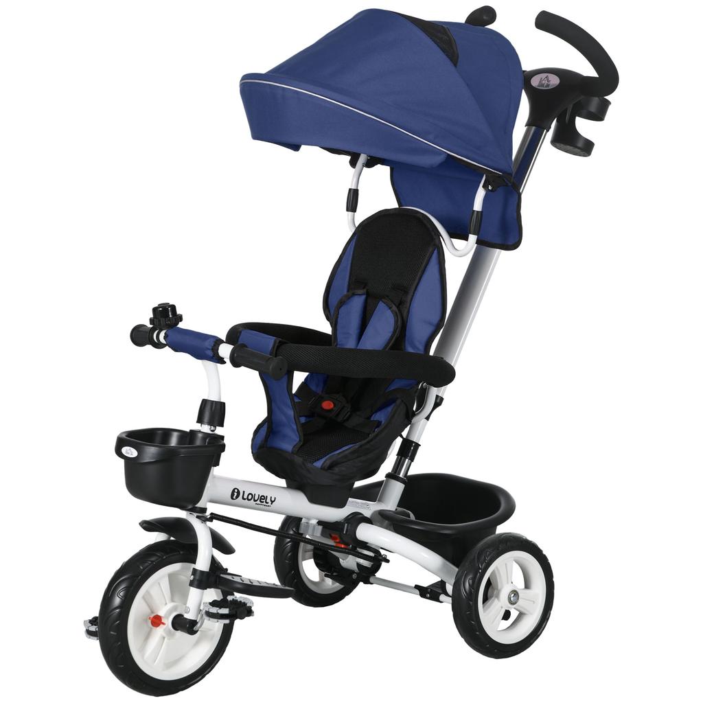 6-in-1 Children's Tricycle, Push Handle, Seat, Basket, Canopy, Safety Belt, 1-5 Years, Blue