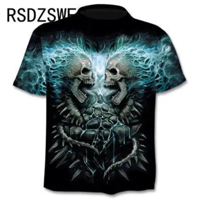 Round Neck 3D Skull Printed Top Fashionable Casual Short Sleeved Men's T-shirts - Soft Medium Stretch Polyester Fabric Summer Relaxed Fit Clothing