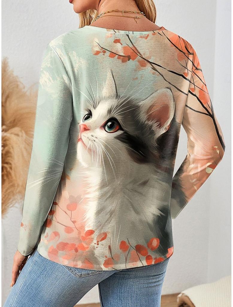 2025 Women's T-Shirts Floral Graphic Cat  Tee Fashion Stylish Long Sleeve T-shirts Crew Neck Regular Tops Summer Casual Pullover