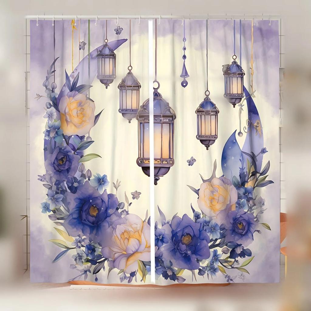 2pcs Translucent Polyester Window Curtain Ramadan Lamp Arch Moon Star Lantern Holiday Decor Living Room Bedroom Office Home