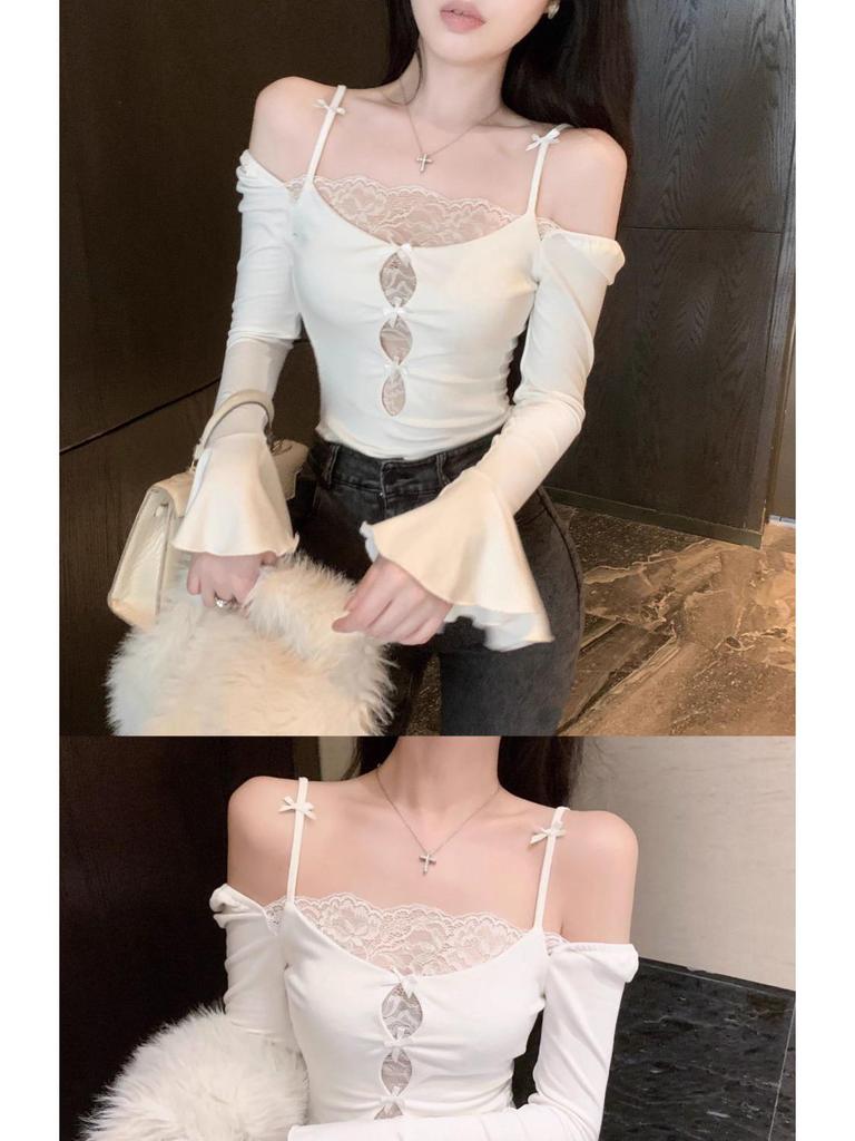 Lace Patchwork Long Sleeve Slim Fit T-shirt - Trendy Autumn/Winter Women's Fashion