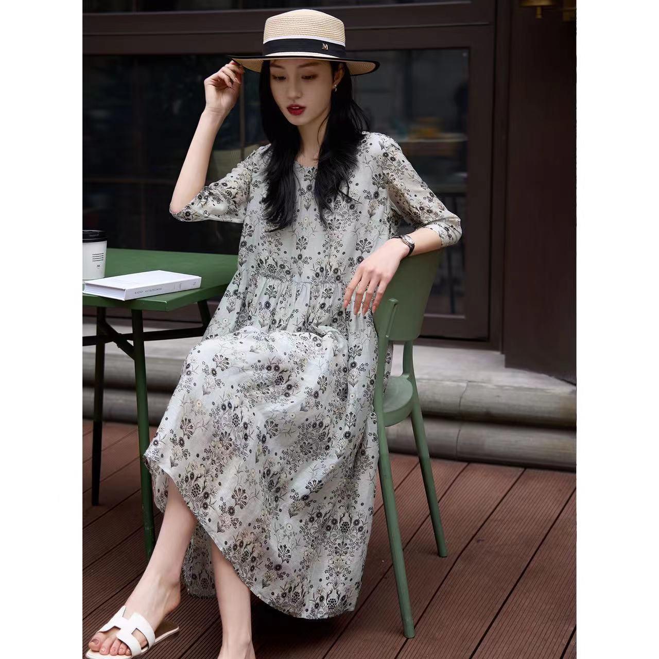 

2025 лето новое платье с круглым вырезом и рукавом три четверти с цветочным принтом женское высококлассное темпераментное тонкое платье средней длины 2XL