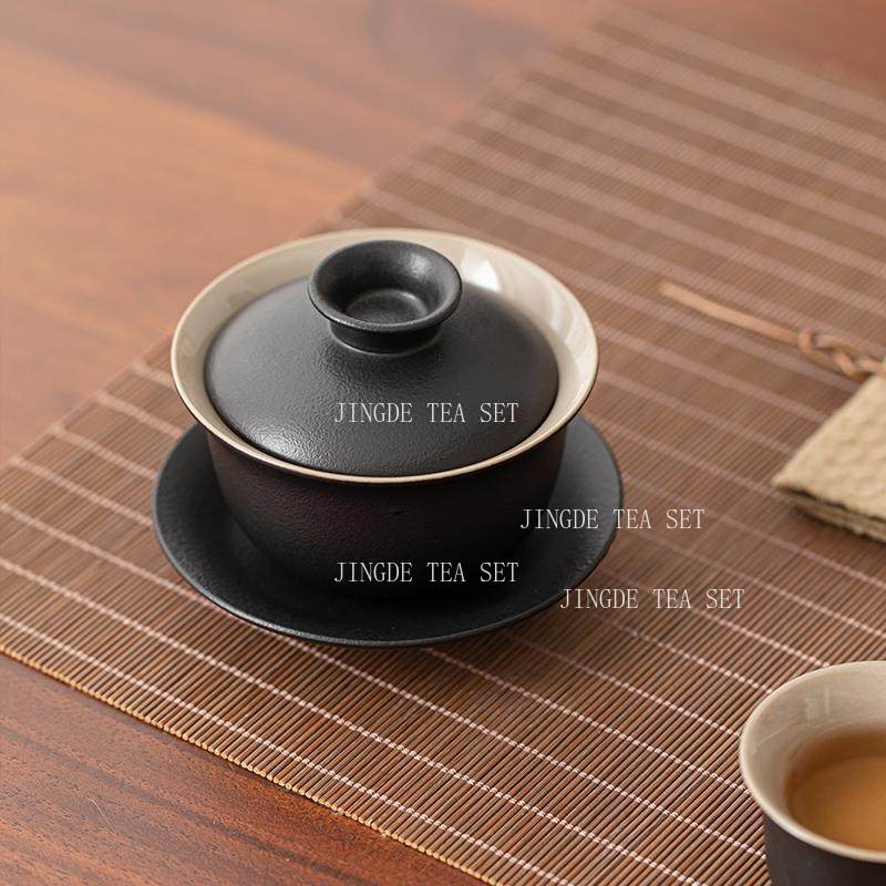Promotional Black Ceramic Lid Bowl Household Tea Bowl Chinese Kung Fu Tea Cup Large Capacity Teacup Tea Ceremony Accessories