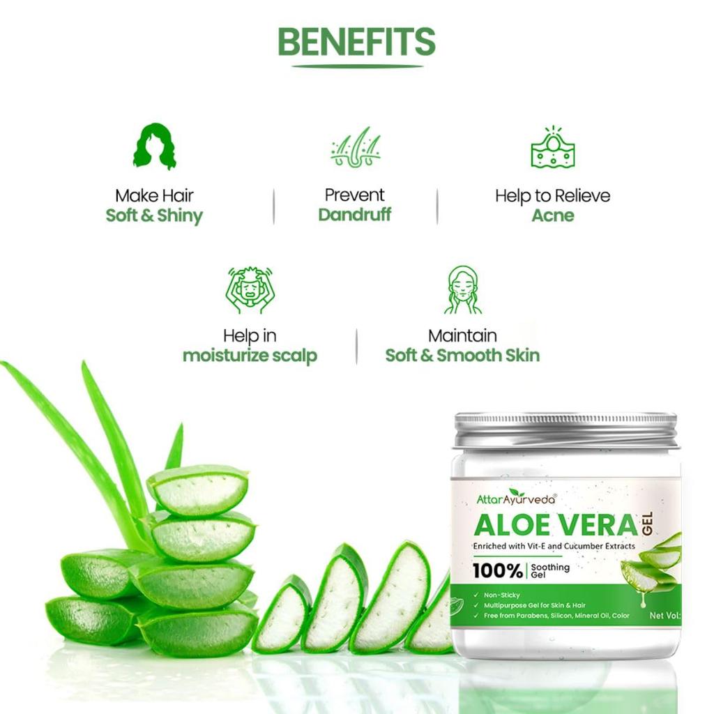 Attar Ayurveda Natural Aloe Vera Gel For Face Skin Hair 200 Ml With Vitamin E & Cucumber Extract Non Sticky Paraben Free