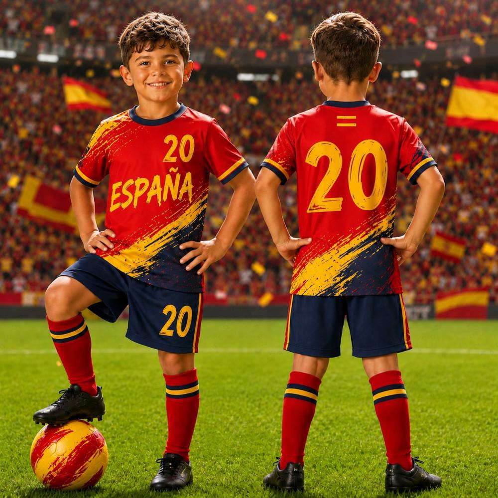 2026 Estate Spagna Maglia da Calcio Giovanile per Ragazzi Ragazze Maglia da Calcio per Sport da Spiaggia T-Shirt Pantaloncini Set Due Pezzi