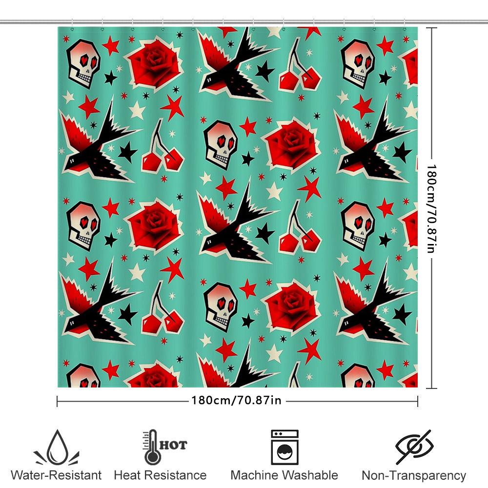 Vintage Skull Tapestry Shower Curtain Gothic Halloween Decor Black Red Skull Pattern Washable Bathroom Curtains Spooky Home Deco