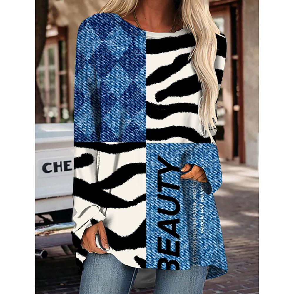 Women's Striped Leopard T-Shirt Girls Party Clothing Loose Autumn Winter Long T-Shirt Tops Tees