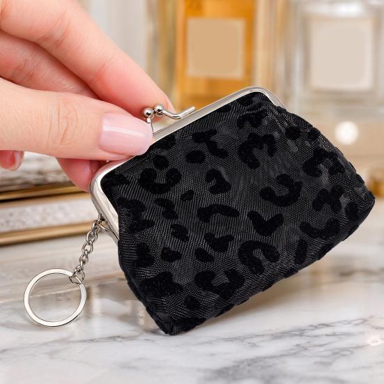 Kiss-lock Coin Purse for Girls Women, Mini Nylon Change Wallet with Keychain, Cute Sheer Leopard Print Coin Pouch for Cash Key