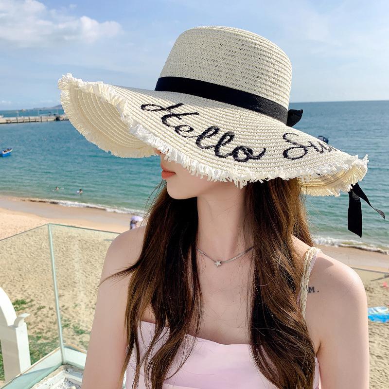 Women Summer Beach Straw Hat Korean Seaside Brim Sunblock Sunshade Holiday  Big Cool Bow Hat