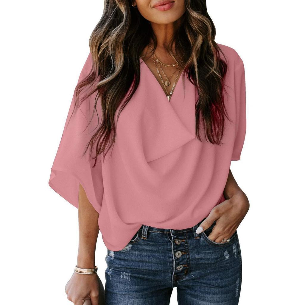 New Women's Casual Loose V-neck Chiffon Blouse Shirt T-shirt Top for Women European American Style
