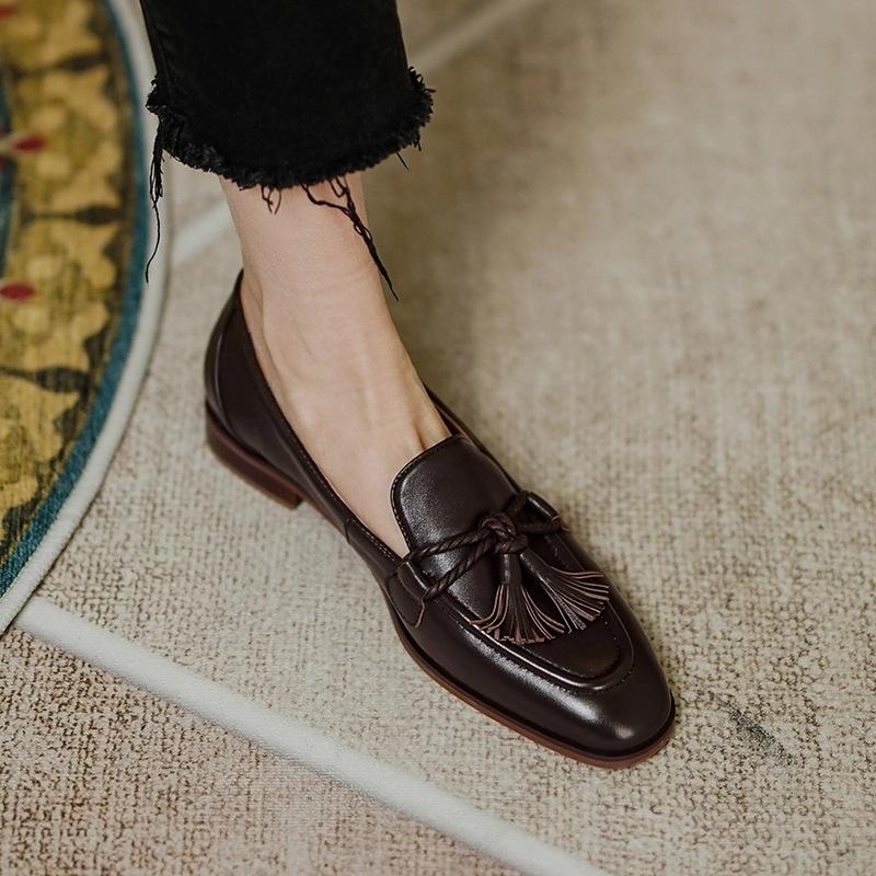 Fashion Retro Tassel Bow-knot Small Leather Shoes Women 2025 Loafers Square Toe Low Heels Oxfords Woman Ins Genuine Leather Fringe Flats