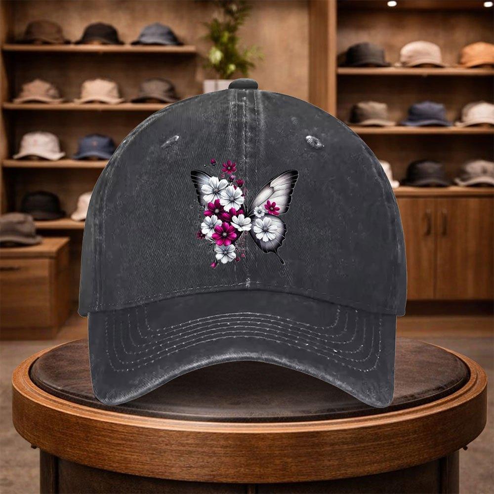 A Black And White Floral Butterfly Print Baseball Cap a Casual Duckbill Hat Stylish Headwear Adjustable for Outdoor Use Suit 1pc