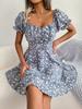 Abito Stampato con Scollo Quadrato Vita Alta Abito Elegante da Donna Manica Corta Abiti Ampi Abito Casual
