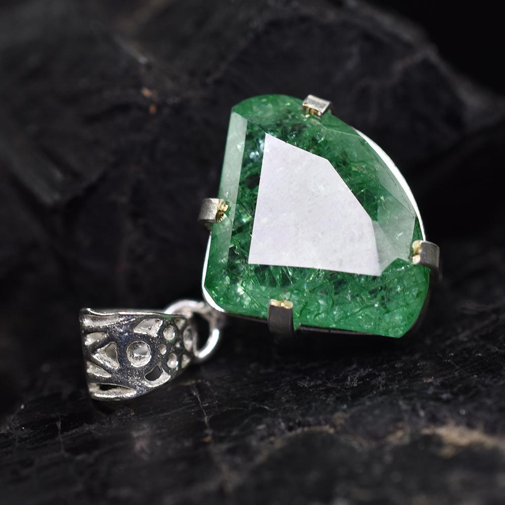 Natural Green Emerald 38.45 Ct CERTIFIED 925 Sterling Silver Fancy Cut Pendant MY.PD-166-NS