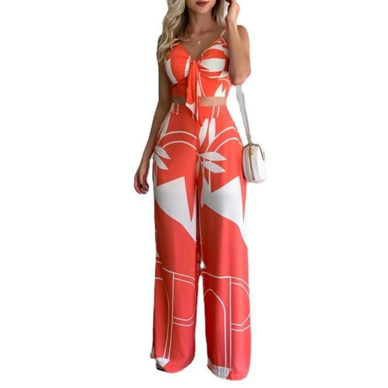 Summer Women's Faux Hemp Casual Suit V-Neck Short Vest High Waist Printed Wide Leg Pants Suit