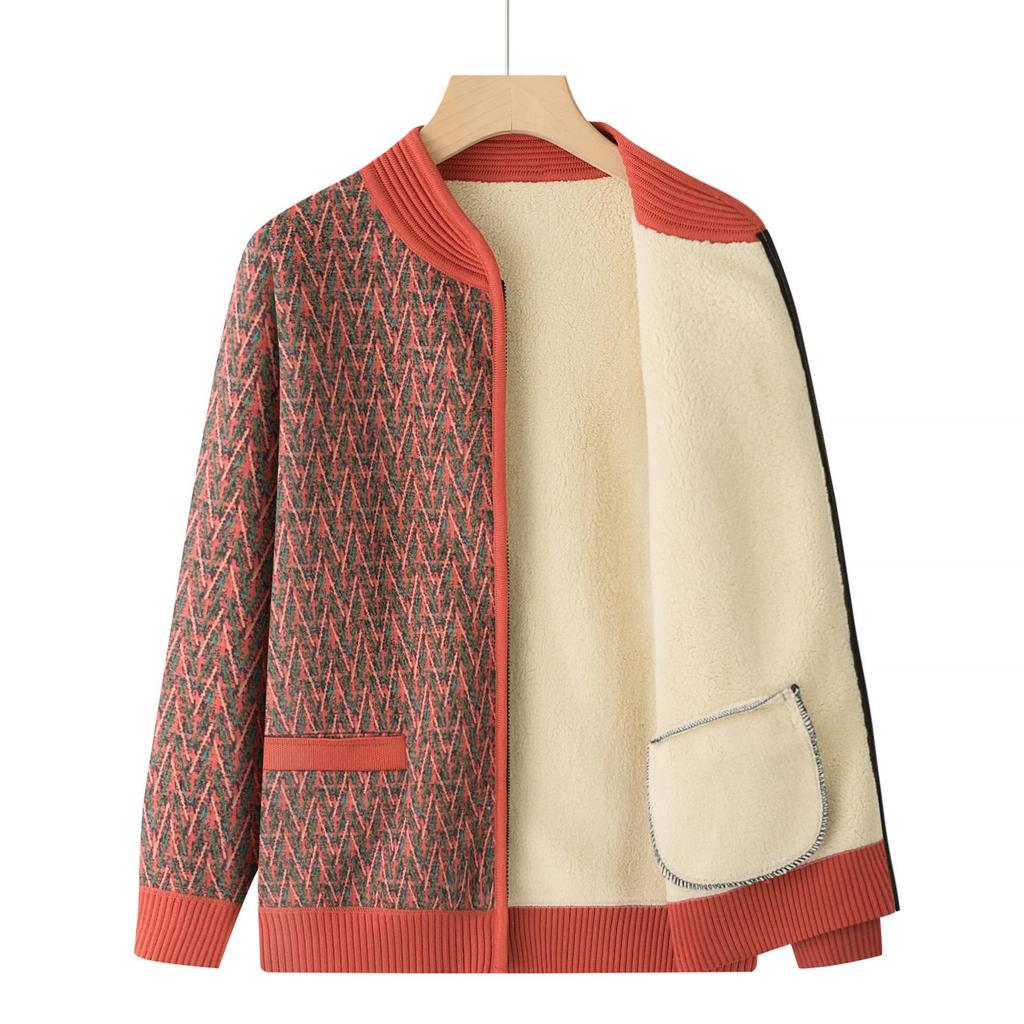 Fleece-lined Wool Cardigan for Women, Ideal for Middle-aged and Elderly Ladies, Thick Warm Sweater for Autumn/Winter, Perfect for Ages 60+.