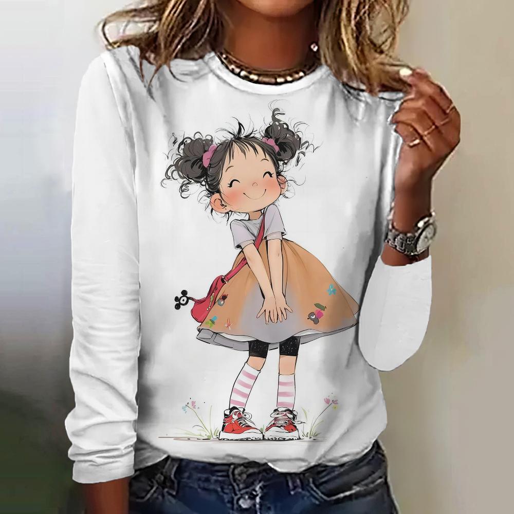 Women's T-Shirt Top Long Sleeved Pullover Fashion Little Girl Print Street Round-Neck Tee Shirt Female Everyday Loose Clothing