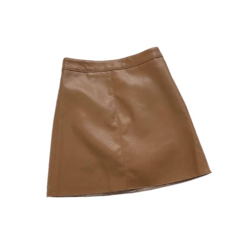 Black A-line High-waisted PU Leather Skirt: Women's Spring/Autumn Slimming Mini with Anti-exposure Design