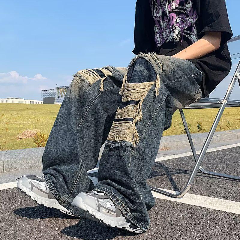 Men's Summer American Retro Ripped Wide-Leg Jeans - Washed, Distressed, Loose Fit, High Street Style.
