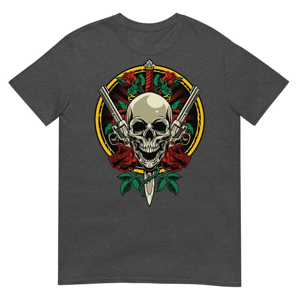 Skull Face With Roses 80s 90s Rock Music Guns And Skull Tshirt