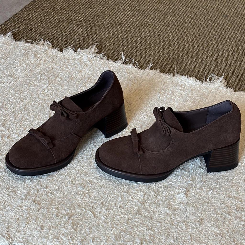 Sheepskin Version~ Retro Temperament Niche Design British Style Round Head Loafers Commuting Thick Heel Women's Shallow Mouth Single Shoes