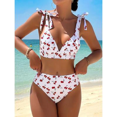 Black Cherry Print Bikini Set 2025 Women Tie Up Strap V Neck Push Up High Waist Swimsuit Cut Out Bathing Suit Two Piece Swimwear