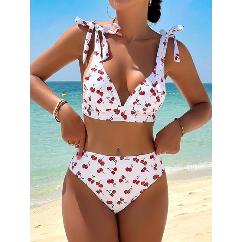 Bikini Set Stampa Ciliegia Nera 2025 Donna Spalline Annodabili Scollo a V Push Up Vita Alta Costume da Bagno Taglio Costume da Bagno Due Pezzi