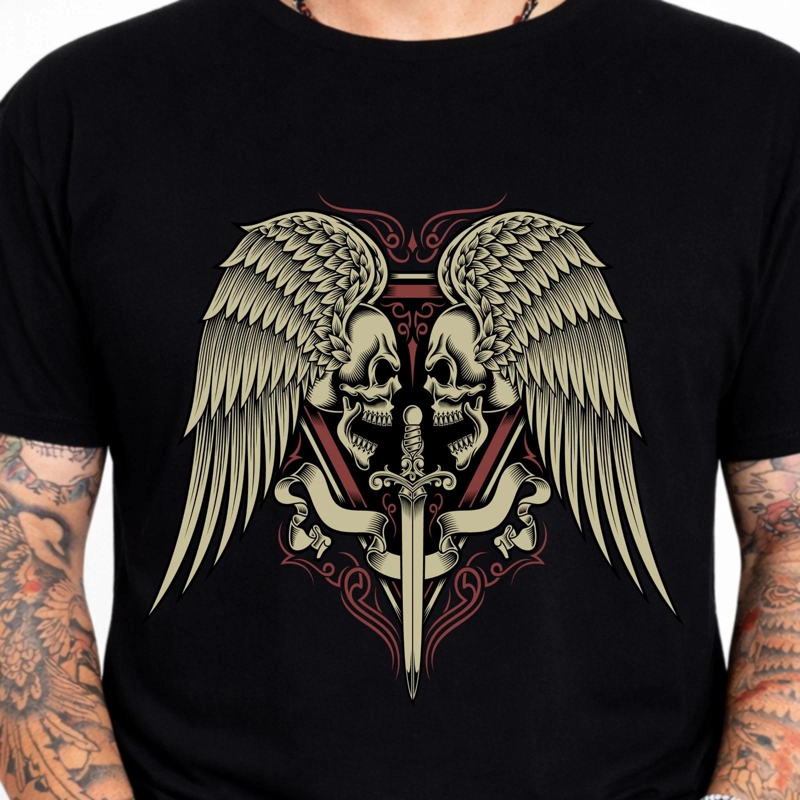 Skull Biker Winged Dagger T-Shirt Gothic Biker Motorcycle Tattoo Art Gift Tee L