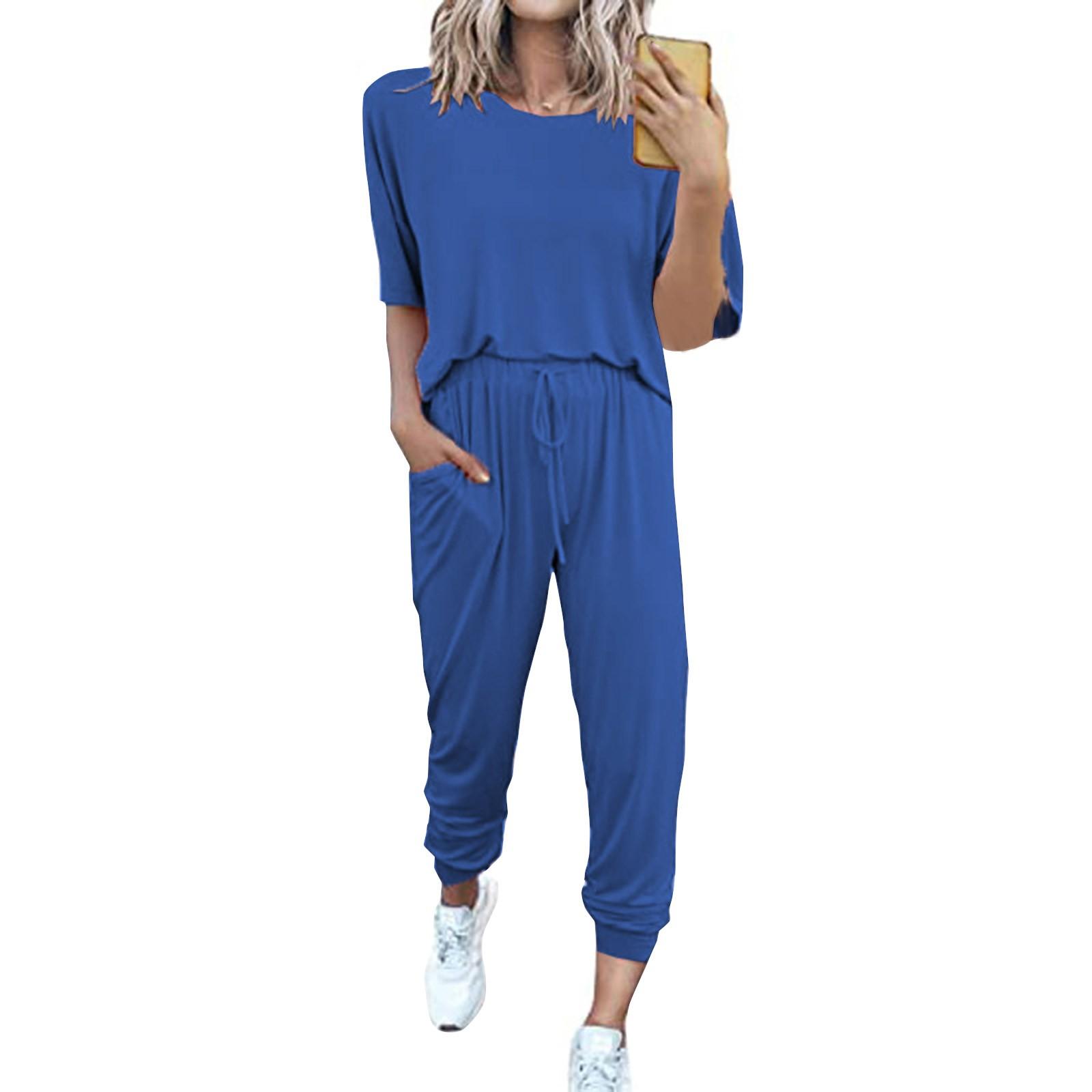 

Женский свободный пуловер с круглым вырезом, повседневный модный костюм с короткими рукавами и длинными брюками M синий