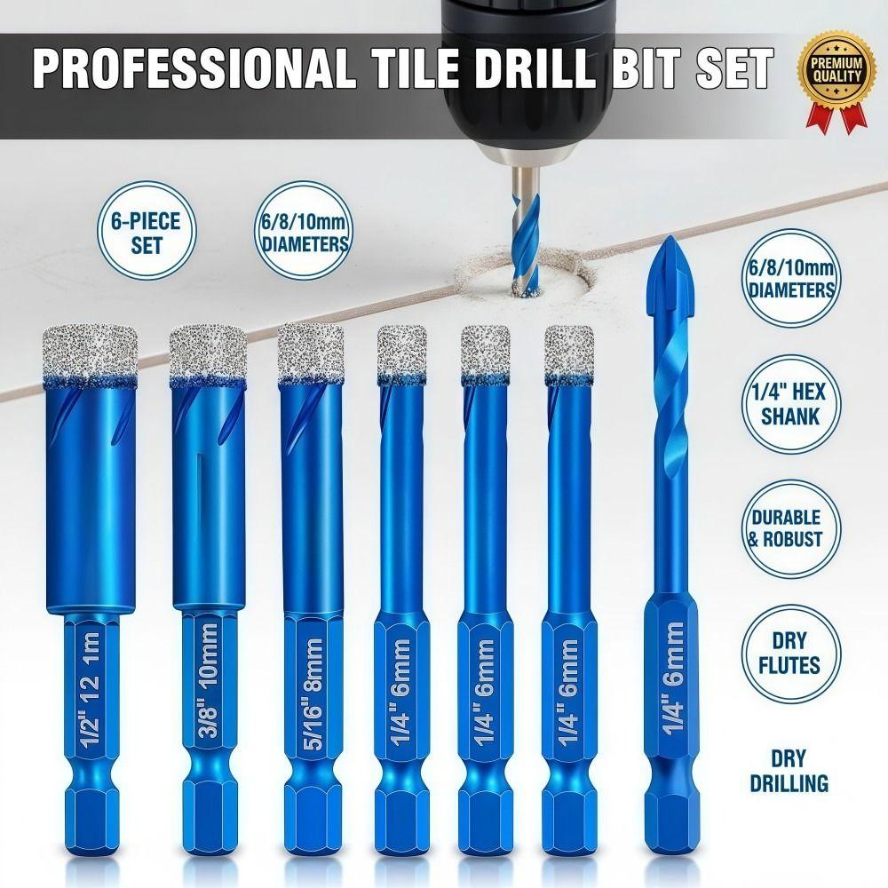Dia 6/8/10/12MM Dry Tile Drilling Bit 1/4 Inch Granite Drilling Bit Glass, Ceramics, Marble, Etc