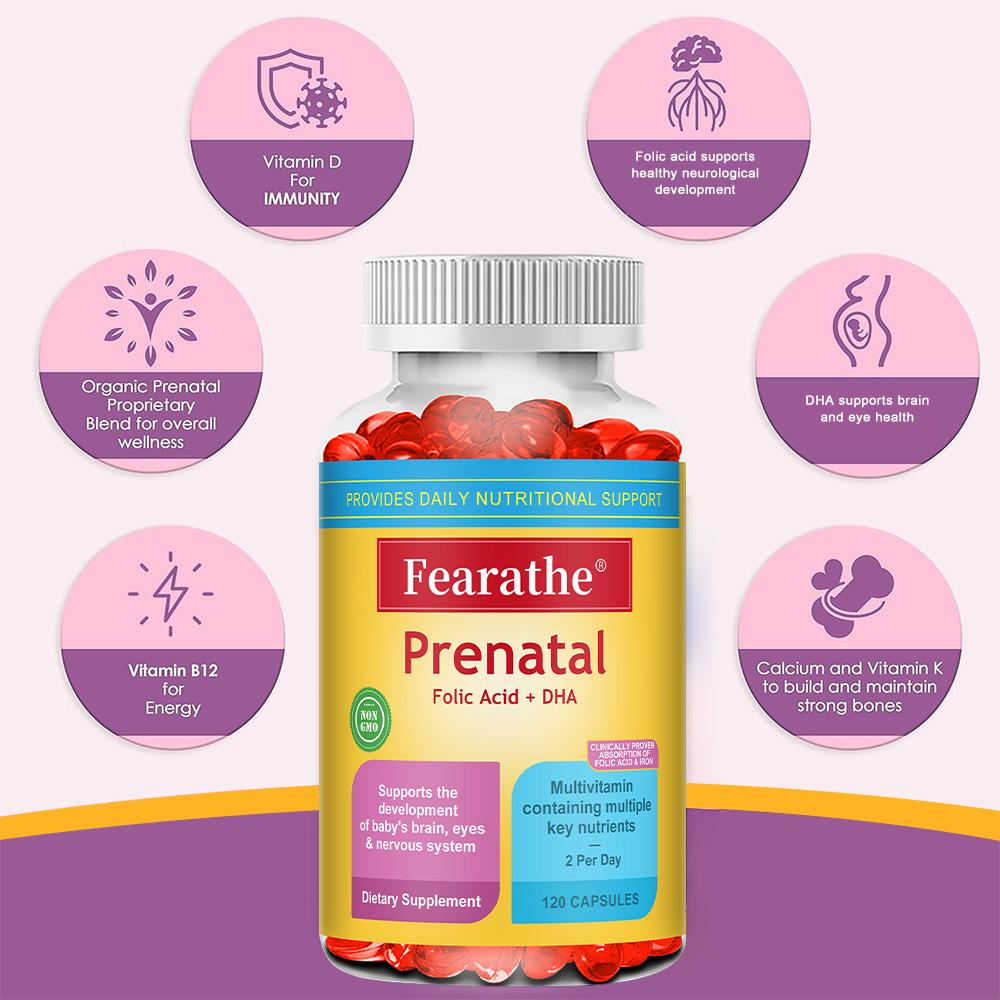 Prenatal Vitamins with Folic Acid & DHA, Fetal Brain Development Support Folate 120 Capsules