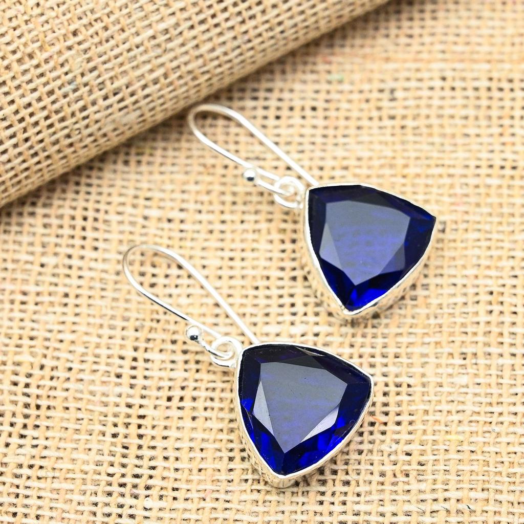 Blue Sapphire Lab-Created Gemstone Handmade 925 Solid Sterling Silver Jewelry Earrings