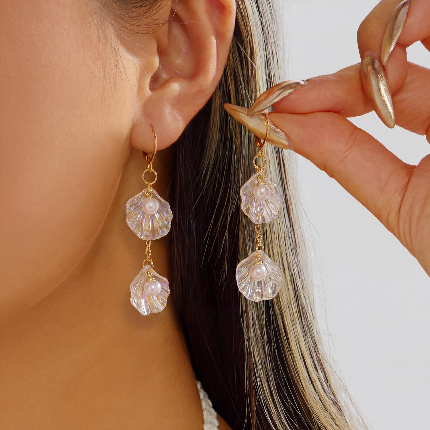 

Minimalist Clear Acrylic Tiered Shell Drop Earrings for Women Imitation Pearl Dangle Clean Girl Aesthetic Summer Jewelry Gift