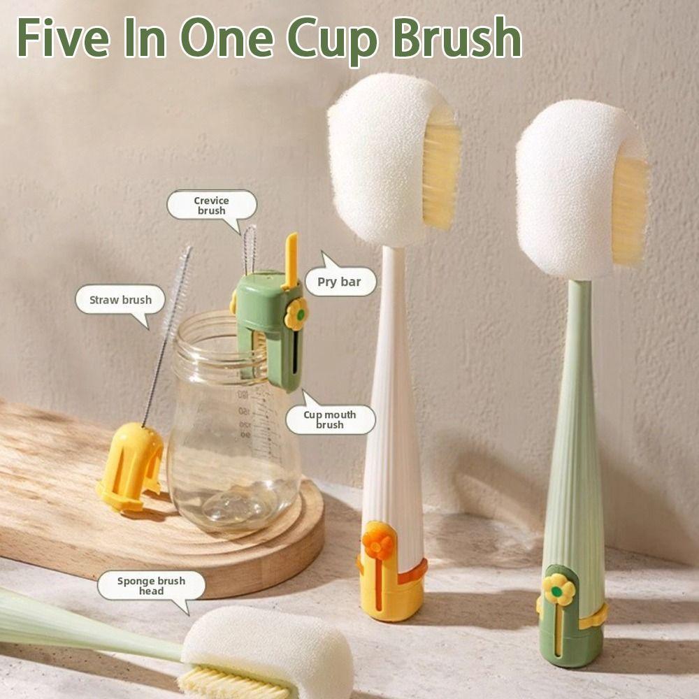 Five-In-One Bottle Cleaning Brush 360 Degrees Cup Lid Brush Multi-purpose Glass Cleaning Brush