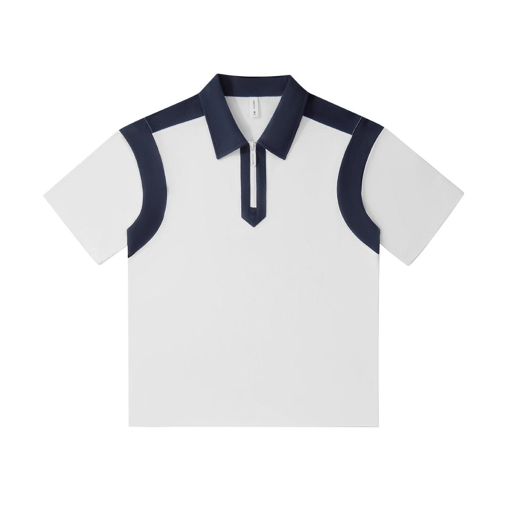 Trendy College Style Contrast Polo: Heavy 240g Pearl Cotton, Half-Zip, Drop Shoulder, Short Sleeve