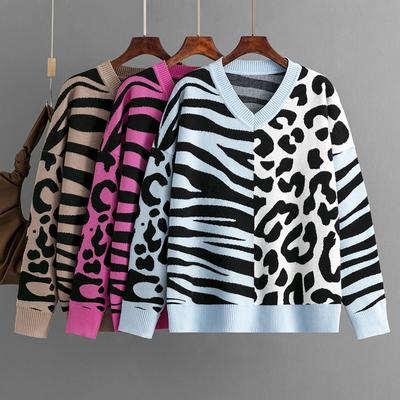 Autumn and Winter Women's Sweater Leopard Print V-neck Splicing Mixed Knit Sweater Pullover Long Sleeve Sweater