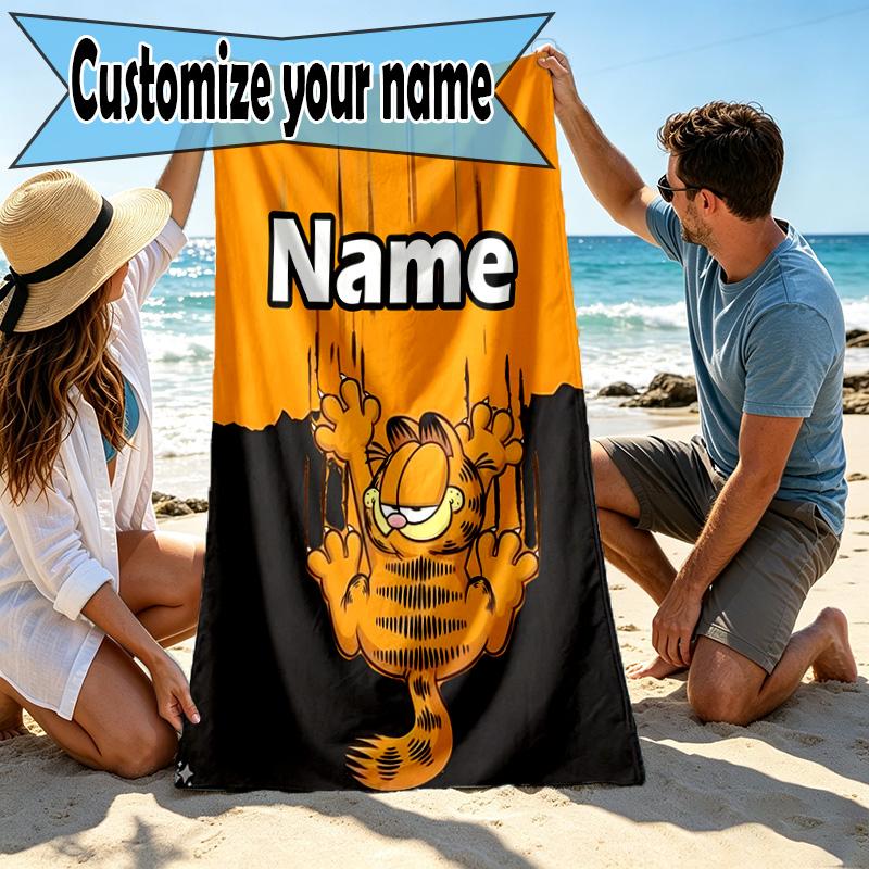 Custom Name Personalized Garfield Print Beach Towel, for Trip Camping Beach Party Home Decor, Birthday Gift for Family & Friends