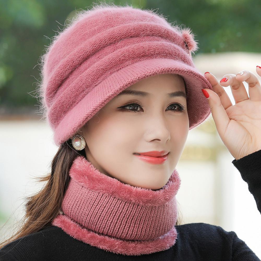 New Women Winter Hat Keep Warm Mom Cap Add Fur Lined Warm Set Hat For Female Casual Rabbit Fur Bucket Knitted Hat