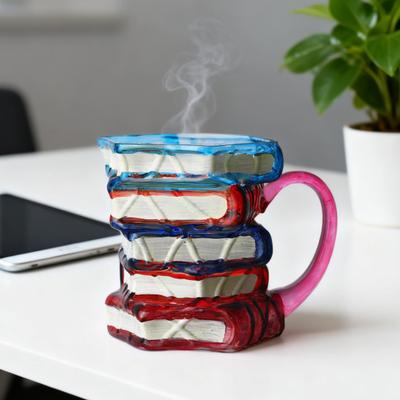 Bilderbuch Kaffeetasse 3D Buchstapel Roman Inspirierte Tasse 420ml Handgezeichnete Künstlerische Literarische Tasse für Buchliebhaber Lehrer Bibliothekare