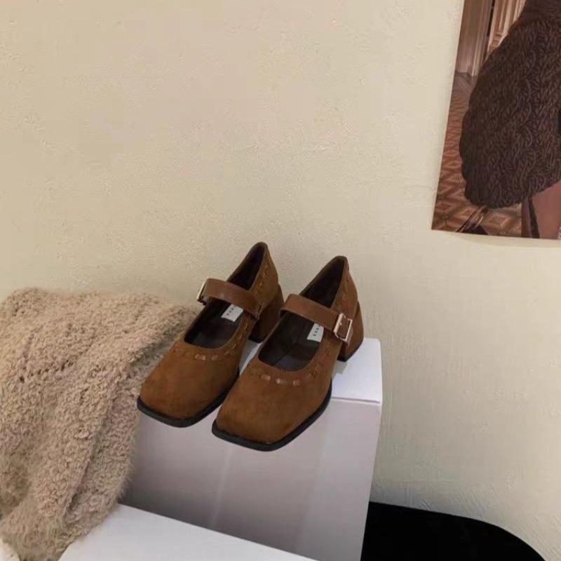 Vintage One Strap Block Heel Single Shoes Fashion Square Toe Shallow Mouth Soft Sole Non-slip Kitten Heels