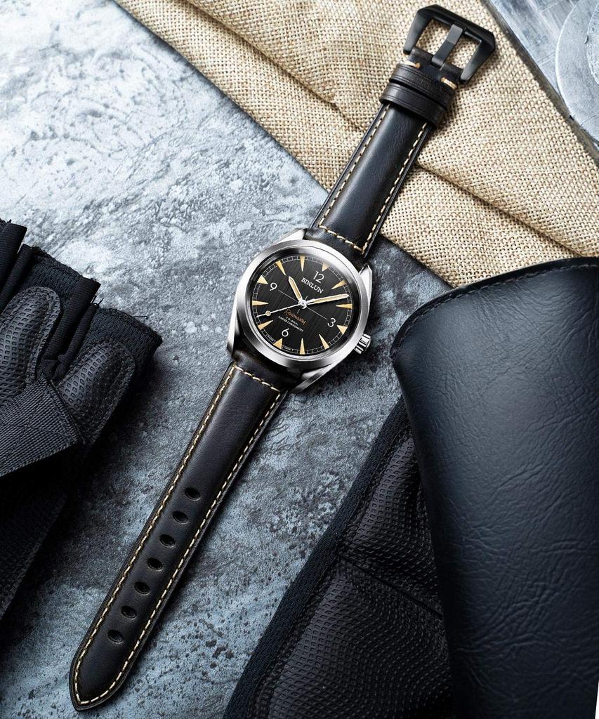 BINLUN Leather Watch Band, Oil Waxed Calf Leather Strap, Retro Classic Style Replacement Band, 5 Sizes (18-26mm), with Pin Buckle (Black, 26mm)