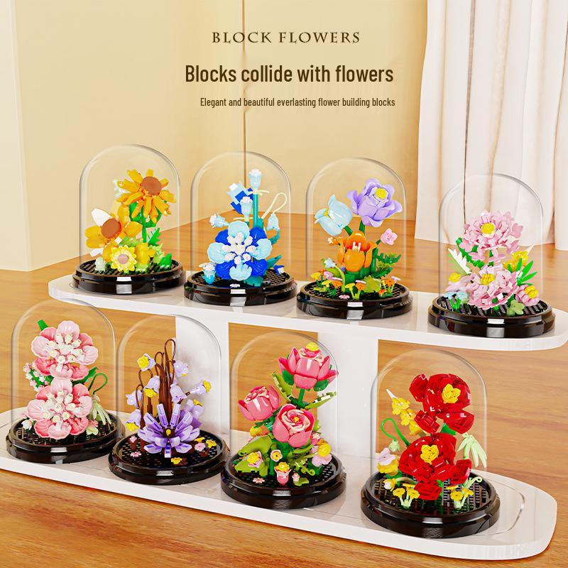 Preserved Flower with Cover Micro Particle Building Blocks - Desk Ornament Gift for Children's Day