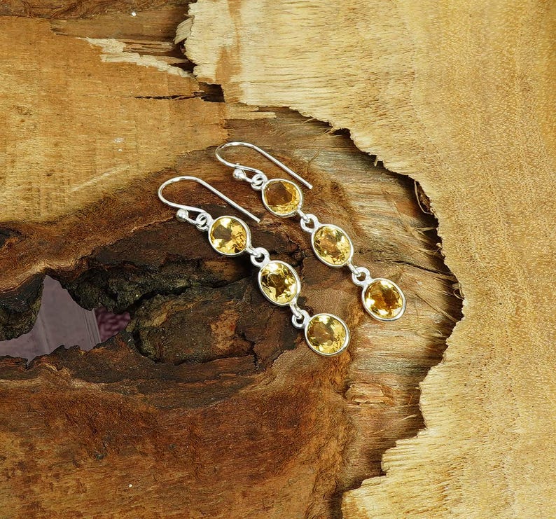 Solid 925 Sterling Silver Citrine Gemstone Handmade Women Dangler Earrings Gift For Her