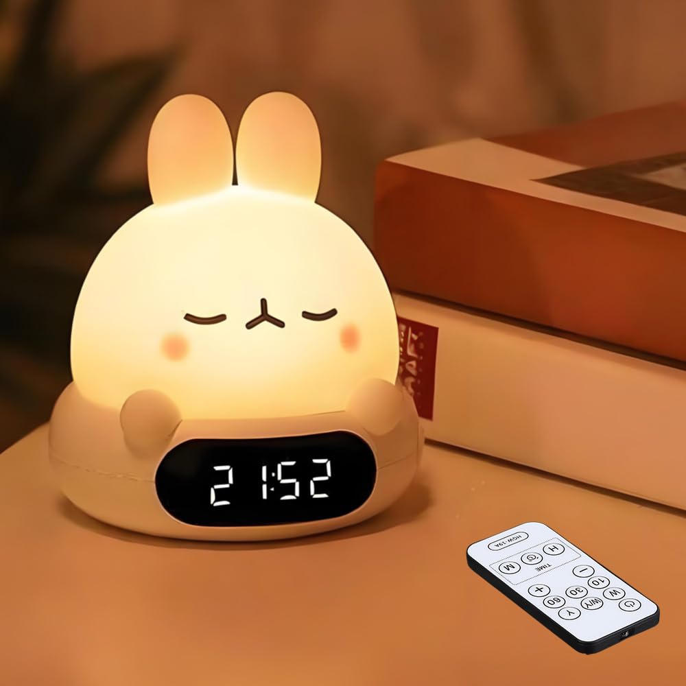 

CLEAYODO Rabbit Night Light, Silicone Bedside Lamp with Squishy Design, Cute Clock, Nursing Light, Adjustable Distance, Color Temperature and