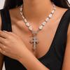 Hip Hop Personality Cross Ot Buckle Necklace, Baroque Alien Pearl Beaded Collarbone Chain