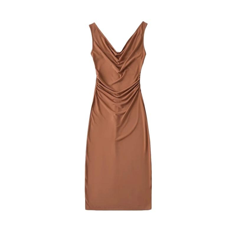 European and American sexy swinging neck sleeveless vest dress women's outer wear pleated slim fit elastic hip wrap medium and long dress summer