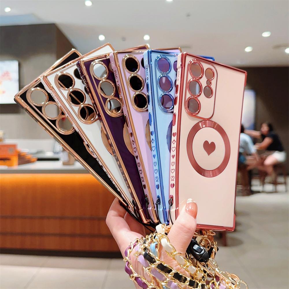 For Magsafe Love Heart Wrist Chain Case for Samsung Galaxy S25 S24 Ultra S22 Plus S23 S21 S20 FE Magnetic Bracelet Plating Cover
