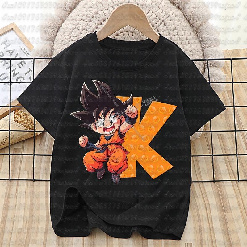 Dragon Ball Goku T-shirt Cotton Children A-Z Letter Tee Top Black Round Collar Clothing Boys Girl Summer Short Sleeve Kids