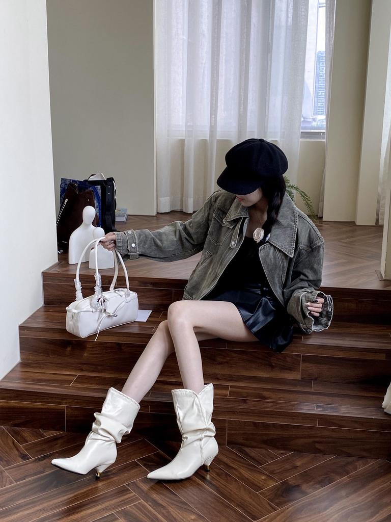 2025 European and American Style Metal Thin Heels Pointed Hand-tied Thin Short Boots